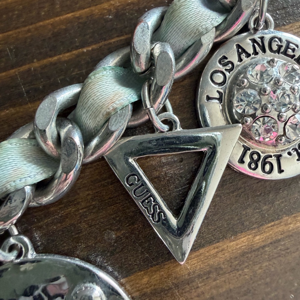 Guess Silver Tone Necklace with Chunky Charm Pendants and Chain with Ribbon 16” - Picture 8 of 12